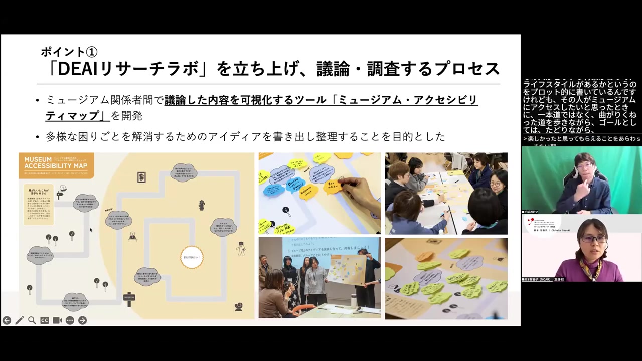 DEAIリサーチラボのスライド。ミュージアムアクセシビリティマップと付箋ワークの様子。